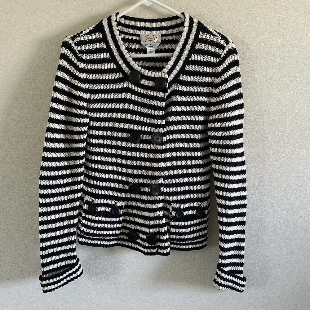 Talbots Petite Black White Stripe Cardigan Size Small 100%‎ Mercerized Cotton,m